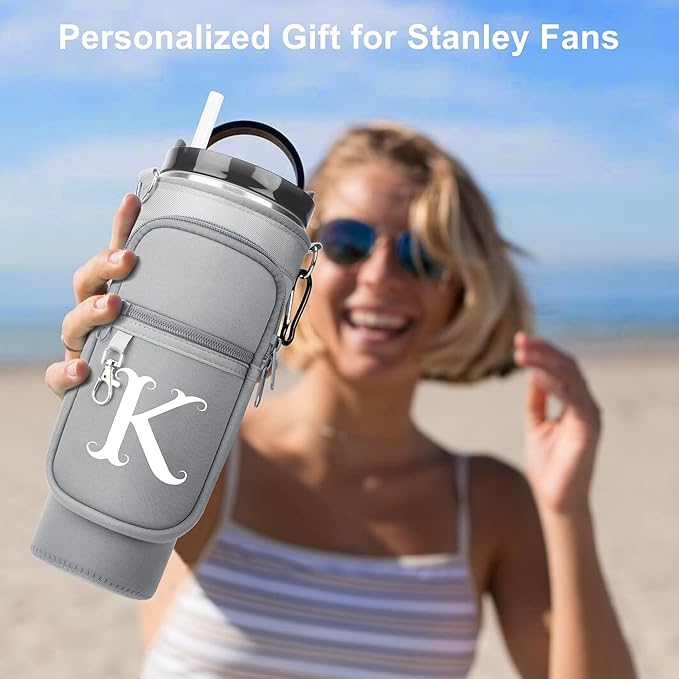 LOKASS Personalized Water Bottle Holder with Strap for Stanley Cup Accessories 40 oz Tumbler, Initial Water Bottle Carrier Bag/Phone Pocket, Mother's Day/Birthday Gifts for Women/Girls