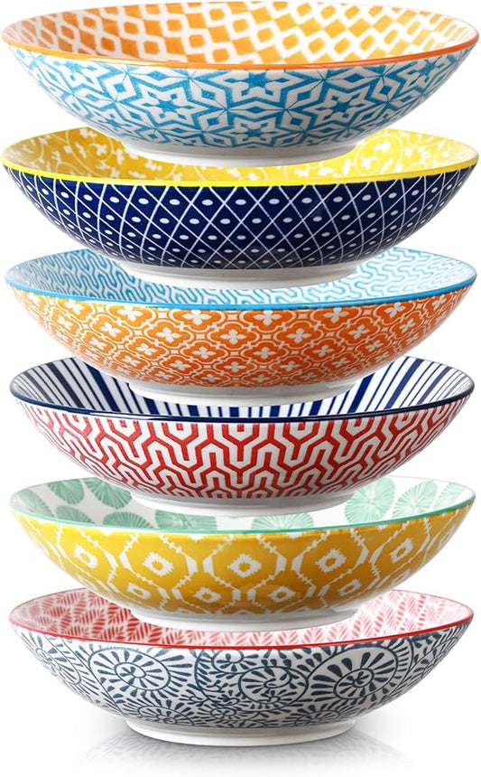 Selamica Porcelain 40oz Large Bowls 9 inch Big Pasta Salad Bowls, Microwave and Oven Safe, Colorful, Set of 6