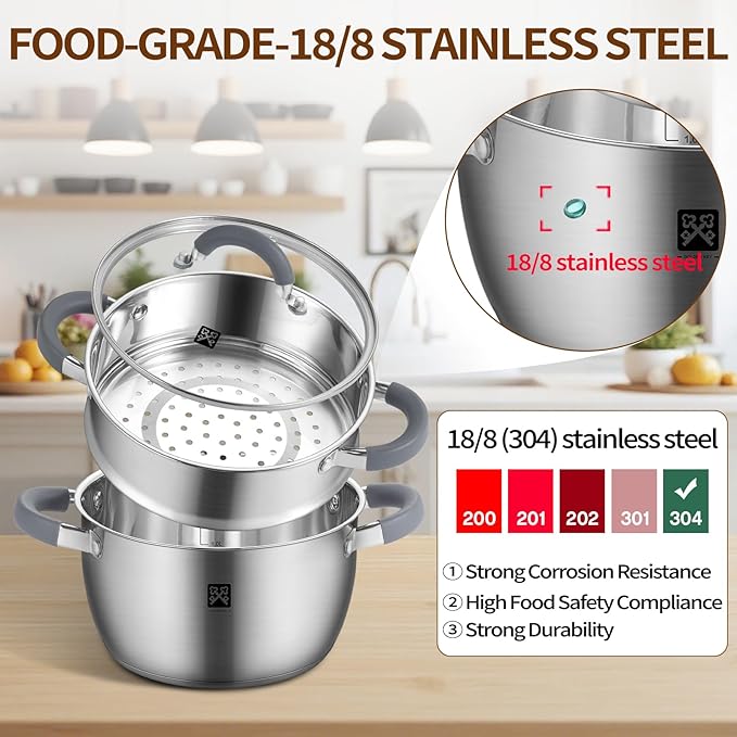 GOLDEN KEY 3.2 QT Steamer for Cooking,Steamer Pots with Vegetable Steam Basket,2-Tier Multipurpose 18/8 Stainless Steel Steaming Pot Cookware for Vegetable,Soup, Food,Dumplings,Oven & Dishwasher Safe