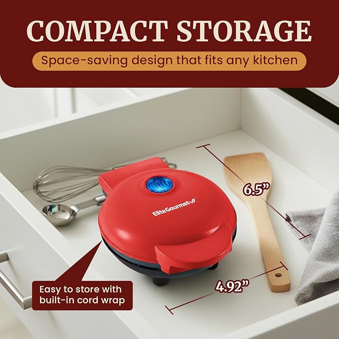 Elite Gourmet EWM015R# Electric Nonstick 4.5-inch Mini Waffle Maker, Belgian Waffles, Compact Design, Hash Browns, Keto, Snacks, Sandwich, Eggs, Easy to Clean, Red
