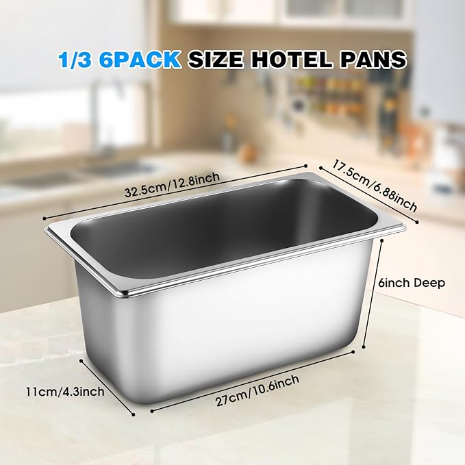 West Bay 6 Pack Hotel Pans with Lids, 1/3 Size 6-Inch Deep Stainless Steel Steam Table Pans, Metal Food Pans for Catering, Buffet, Restaurant & Kitchen Storage