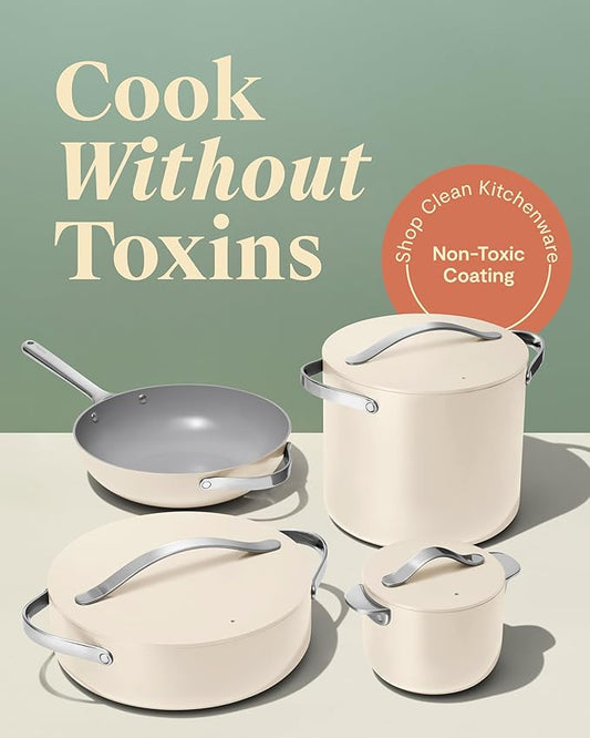 Caraway Cookware+ Collection - Specialty Cookware Set - Petite Cooker, Stir Fry Pan, Rondeau, & Stock Pot - 3 Lids & Storage Organizer Included - White