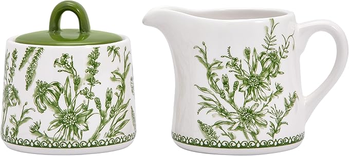 Bico Green Garden Toile De Jouy Ceramic Sugar and Creamer Set, Sugar Bowl with Lid, Cute Container for Coffee Bar, Kitchen Countertop Accessories, Microwave and Dishwasher Safe