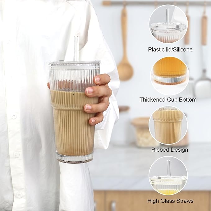 Ribbed Drinking Glasses,with Lids and Straws Glass Cup,19oz Glass cup,6 Pack Old Fashioned Glasses,Thickened for iced coffees,cocktails and juices, perfect for families and parties (6)