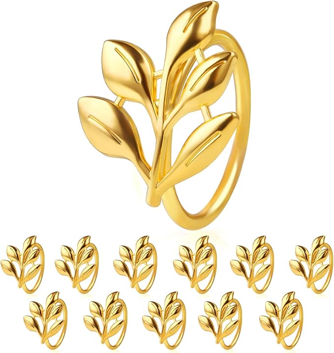 Leaf Napkin Ring Holder Set of 12 Gold Color Dining Table Décor for Wedding Party Dinner Banquet (Gold 12pcs)