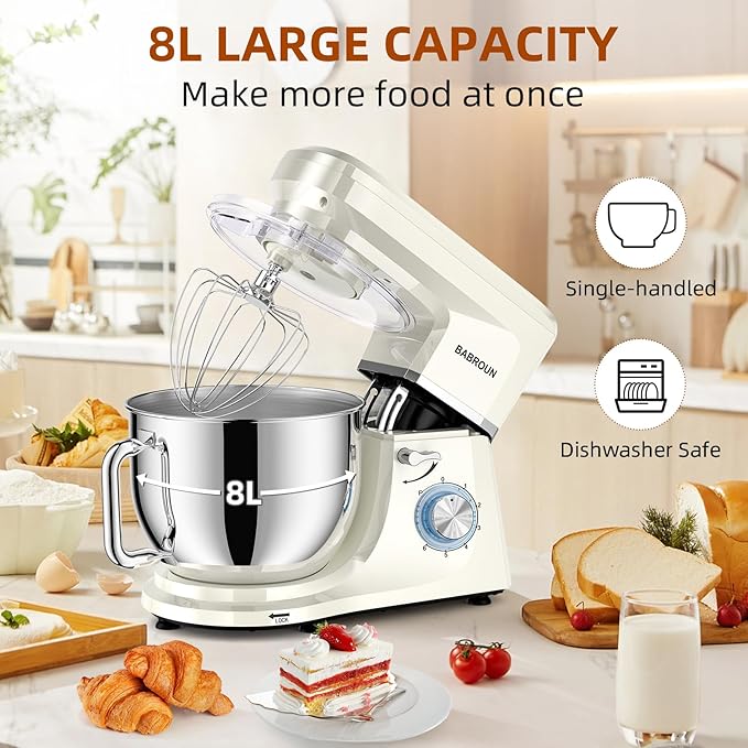 Babroun Dough Mixer 8.45 QT Electric Mixer - 660W 6 Speed Large Capacity Kitchen Stand Mixer with Whisk Dough Hook Mixing Beater Household Food Mixer for Baking Cakes Cookie Bread Salad