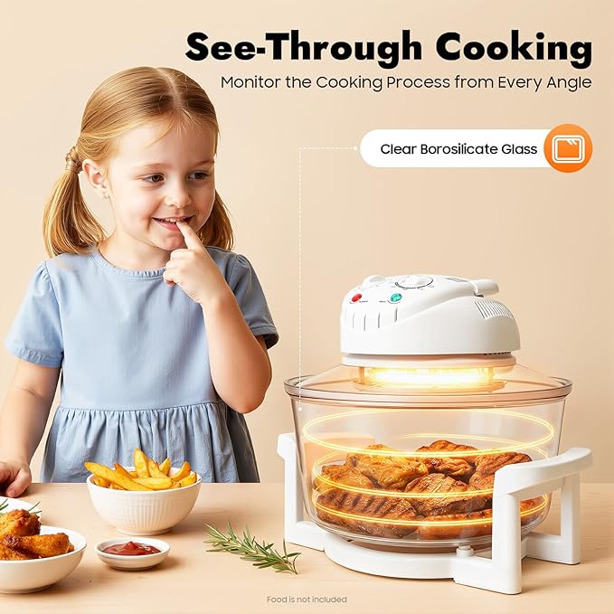Bepritm 17L Glass Halogen Air Fryer & Convection Oven – 1300W Infrared Multi-Cooker with 360° Heating Roaster, 60min Timer for Baking, Frying, Roasting, Steaming (110V US Plug)