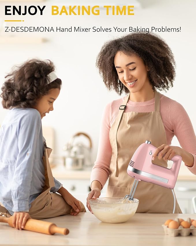 Z-DESDEMONA Electric Hand Mixer, Powerful 300W Hand Mixer Electric Handheld with 304 Beaters, Dough Hook,Hand Held Mixer with Turbo for Baking Cakes, Eggs, Cream Food(Pink)
