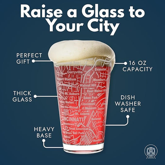 Greenline Goods – Cincinnati, OH Map Pint Beer Glasses (Set of 2), 16 oz – Etched Wrap Design