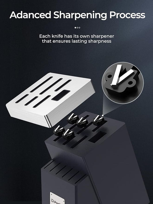 Knife Set, D.Perlla Knife Block Set with Advanced Self-Sharpening Technology, 14-Piece Waved Texture Kitchen Knives, German Stainless Steel Knife Set with Block, Razor-Sharp and Full Tang Handle