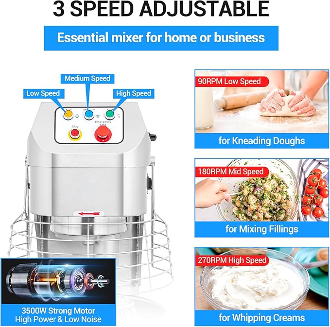 Ekway 60Qt Commercial Food Mixer, 3500W Heavy Duty Dough Mixer 3-Speeds Adjustable,Electric Commercial Stand Mixer with Stainless Steel Bowl for Kitchenaid Bakery and Pizzeria,220V
