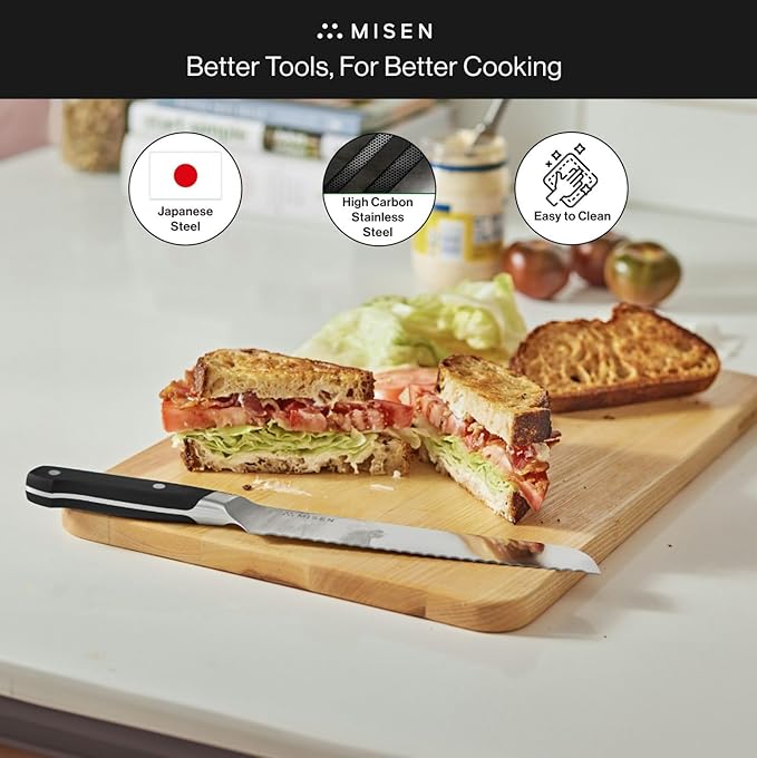 Misen Serrated Bread Knife - High-Carbon Japanese AUS8 Steel - Perfect for Soft Foods, Bread, Pastries, and Fruits - Verstatile Slicer, Razor-Sharp Edge, Durable Blade, Ergonomic Handle - 8", Black
