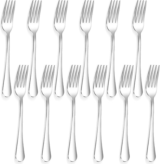 12 Piece Dinner Forks, 8 Inch, Top Food Grade Extra-Fine Stainless Steel Silverware Forks，Silverware Set, Dishwasher Safe （Silver)