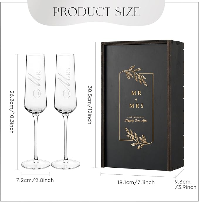 Mr. & Mrs. Champagne Flute Set - Elegant His and Hers Wedding Toasting Glasses for Celebrations, Bridal Shower Wedding Registry Gifts, Tall Wine Glasses for Bride and Groom