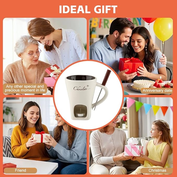 Chocolate Fondue Mugs, Chocolate Melting Cup Set with Forks Candle Warmer, Mini Ceramic Coffee Warmer Mug, Fondue Cups With Forks For Date Night Birthday Wedding Gifts(White)