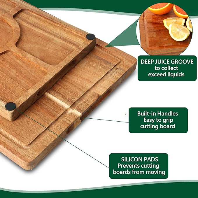 Acacia Wood Cutting Boards for Kitchen Set of 3, Chopping Board with Holder, with Deep Juice Groove Grip Handles, Charcuterie Boards, for Meat, Vegetables and Fruits and Cheese (Set A of 3)