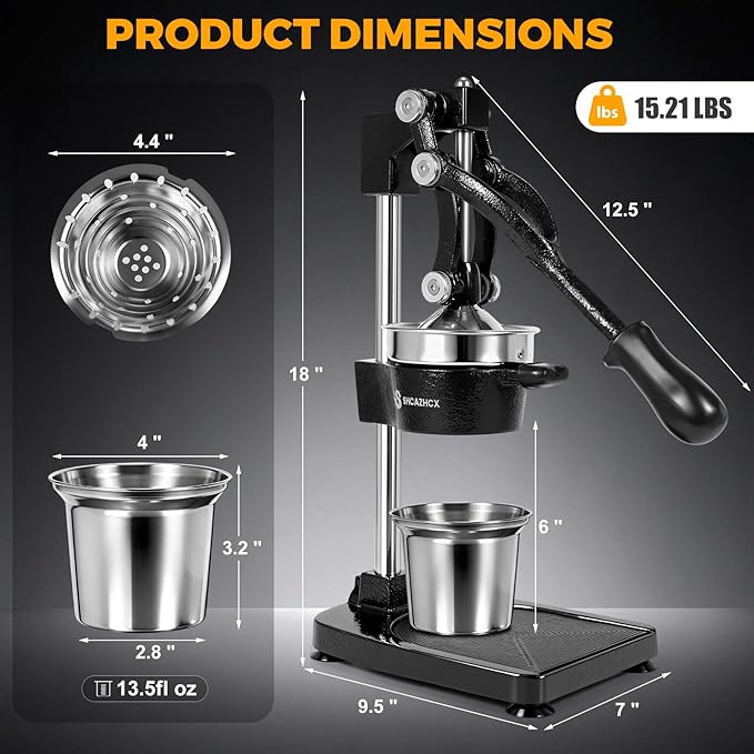 Cast-Iron Hand Press Citrus Juicer, Heavy-Duty Fruit Squeezer with Stainless Steel Cup, Easy-to-Clean Manual Citrus Press for Orange, Lemon, Lime, Grapefruit & Pomegranate (Black)