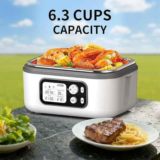 Cordless Electric Heated Lunch Box, 1.5L 6.3Cups 24000mAh Rechargeable Battery Self-Heating Lunch Box, Smart Timer, Even Heating, 100W Portable Food Warmer for Office, Picnic, Car, Outdoor