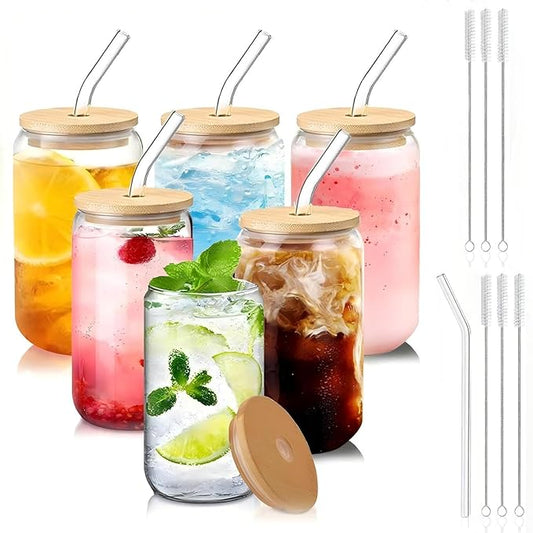 Glass Cups with Lids and Straws Set of 6 – 16oz Holiday Glass Tumblers for Iced Coffee, Juice, or Cocktails – Reusable Family Drinkware Set for Christmas, Thanksgiving, or Gatherings