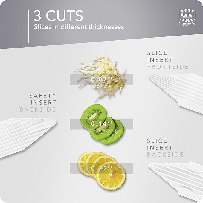 Mandoline Food Slicer Borner V1 (Basic Set) by Reston Lloyd • V-Slicer with Food Holder • Made in Germany • Fruit & Vegetable Chopper • Multiple Settings • Color: White