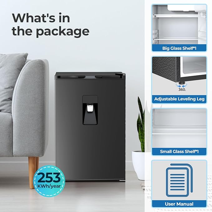 Compact Refrigerator 4.4 cu.ft mini fridge with Water Dispenser, Single Door Refrigerator with Adjustable Temperature Settings, Low noise, for Bedroom, Office, Dorm Black