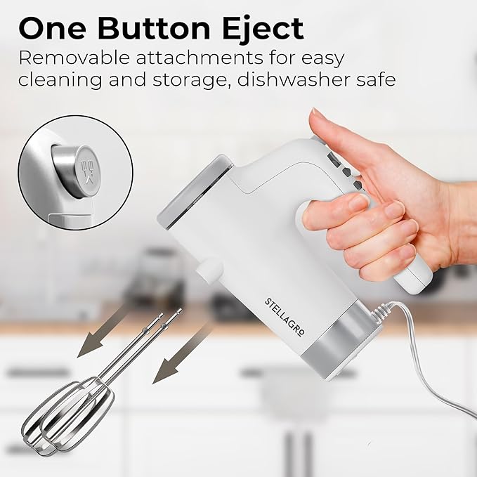 Stellagro 9 Speed Electric Handheld Mixer with Stainless Steel Whisk Beater Attachments & Snap Storage Case, Compact Lightweight 350 W Powerful hand held mixer for Baking & Cooking, White