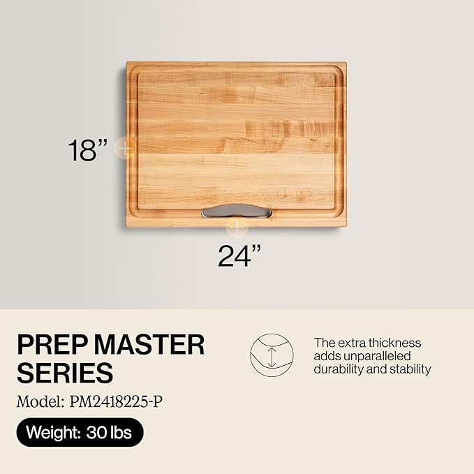 John Boos Newton Prep Master Series Rectangular Wooden Maple Cutting Board 24”x18” – 2.25” Thick, 30-lb Reversible Butcher Block with Catch Pan, Sloped Juice Groove & Edge-Grain – Made in the USA