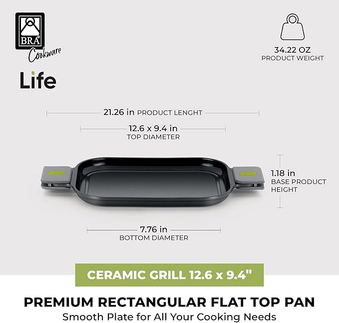 BRA COOKWARE Life Ceramic Nonstick Grill | 12.6 x 9.4 Inch Recycled Cast Aluminum Smooth Plate | Ceramic Non-Stick | Ceramic Non-Stick Coating | PFOA Free | All Cooktops| Removable Handles