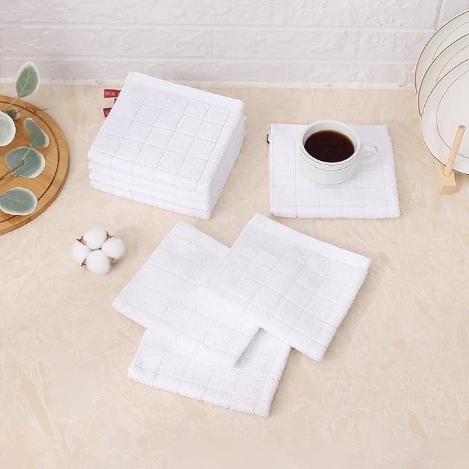 Mordimy 100% Cotton Terry Cloth Dish Cloths, Soft and Absorbent Checkered Dish Towels, Quick Drying Dish Rags for Washing Dishes, 6 Pack, 12 x 12 Inches, White