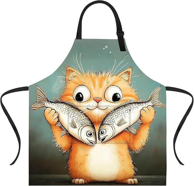 Funny Cat Apron with 2 Pockets Waterproof for Men Women Kitchen Garden Decor