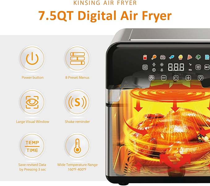 KINSING Air Fryer with Window Visible 8-in-1,Compact & Large 7.5-Qt,Up to 85% Less Oil,Roast, Bake, Dry, Reheat, Frozen, Broil,160-400℉ Even Results With Precise Temperature Control,Whole Metal Cover