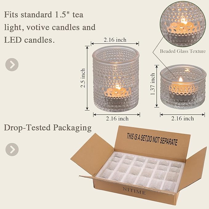 Glass Votive Candle Holders Set of 24, Assorted Heights Polka Dot Tea Light Holders for Wedding Centerpieces, Table Decor, Party & Home Decoration, Fits Standard Votives & Tea Lights