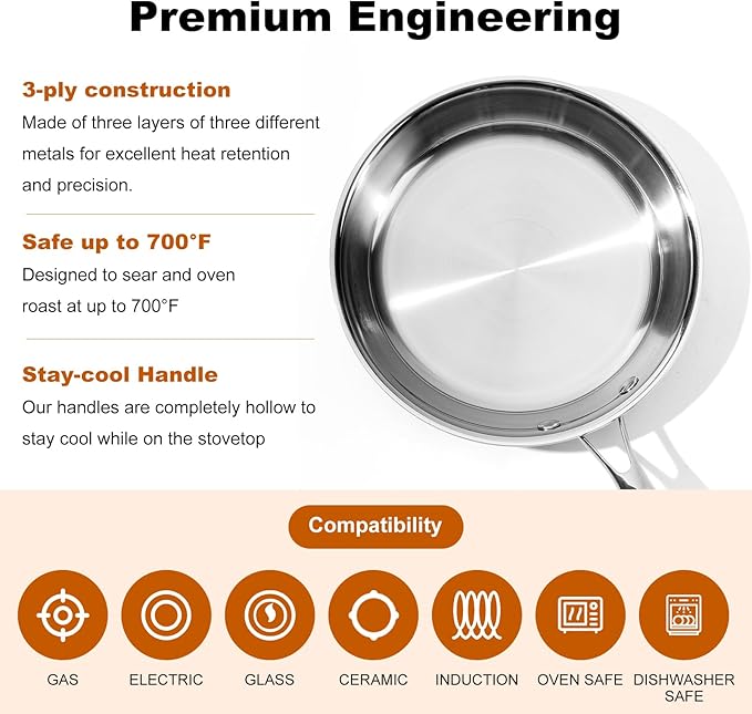 Ranbomer Stainless Steel Pan 8 Inch，Non-Toxic PFAS, PFOA & PTFE Free, Compatible With All Cooktops & Induction Safe, Oven Safe Pan for Searing & Sautéing, Long Lasting Cookware. (8 Inch)