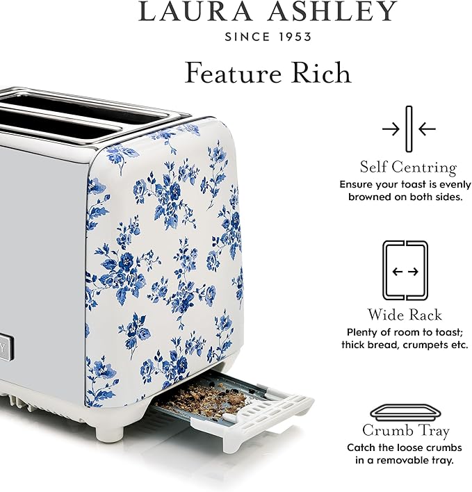 VQ Laura Ashley China Rose Stainless Steel 2 Slice Toaster | Multi-Functional Bagels & Bread Toaster 2 Slice with Adjustable Heating & Defrost Mode | Featuring 2 Wide Slots & Croissant Warming Rack