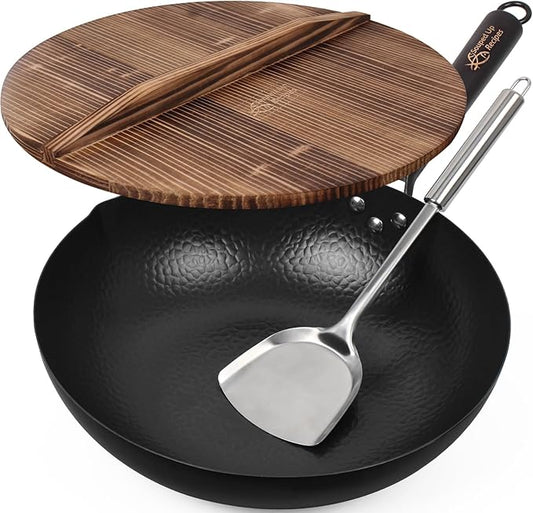 Souped Up Recipes 13.4 Inch Carbon Steel Wok For Electric, Induction and Gas Stoves (Lid, Spatula and User Guide Video Included)