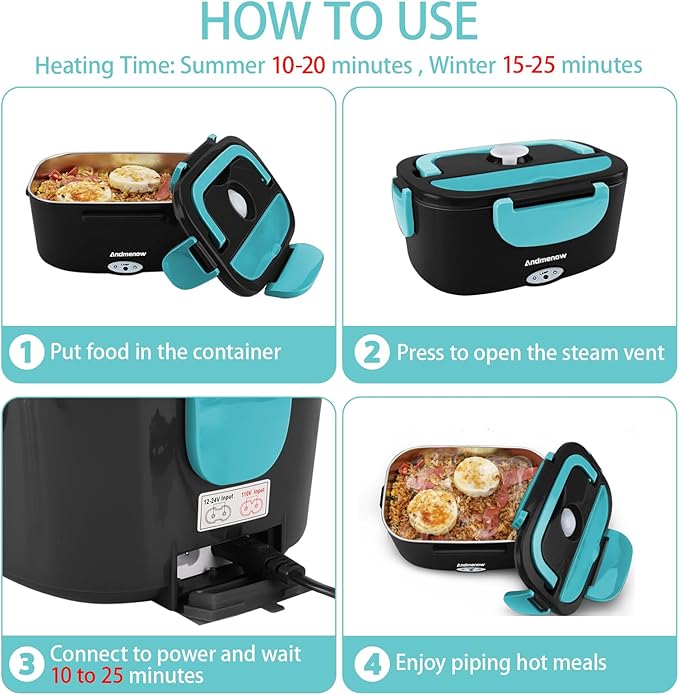 Electric Lunch Box 80W Food Heater with Dual Container, Portable Lunch Warmer for Adults, Upgraded Heated Lunch Box for Car/Truck/Office,110/24/12V 1.5L Black+Blue
