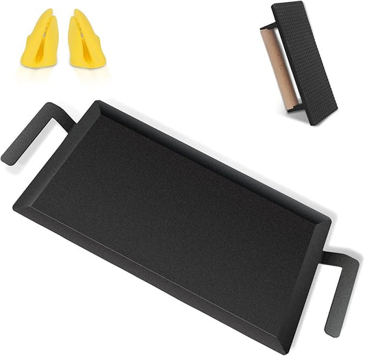 Large Carbon Steel Griddle Pan, Double Burner Flat Top Grill Plate for Stove Top, Gas Grill, Induction Cooktop and Oven, with Grill Press and Heat-Resistant Gloves, Pre-Seasoned Cooking Surface