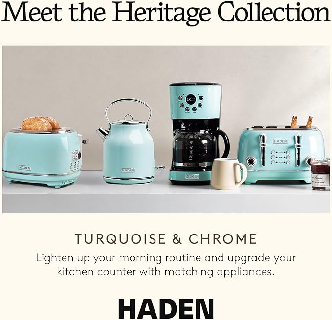 Haden Heritage 2 Slice Wide Slot Stainless Steel Toaster with Adjustable Browning Control & Non-Slip Feet, Turquoise & Chrome