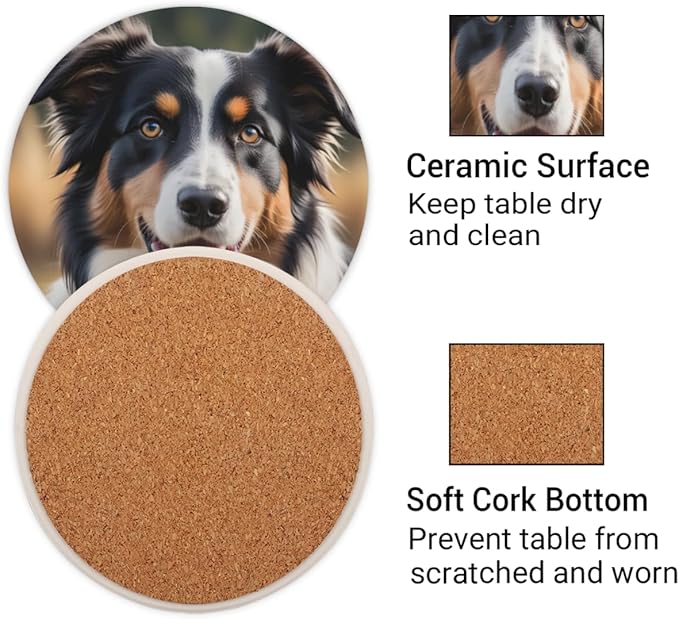 Border Collie Dog Round Coasters Set of 2, Absorbent Ceramic Coaster with Cork Base, Bar Coasters for Drinks Coffee Mugs Tea Cups Wine Glasses Home Decor Gifts (4 inches Diameter)
