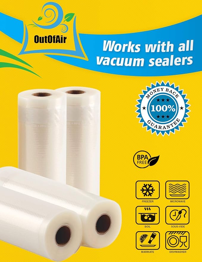 8" & 11" 25ft Vacuum Sealer Rolls (Fit Inside) 4 Rolls (2 of Each, 100ft total) OutOfAir Vacuum Sealer Bags Works With FoodSaver & Other Machines - 33% Thicker BPA Free, Commercial Grade