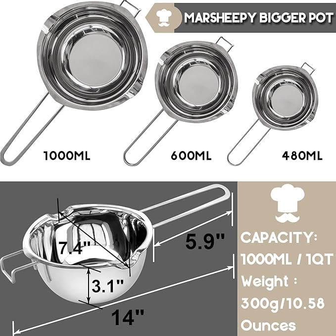 1000ML/1QT Double Boiler Chocolate Melting with 2QT 304 Stainless Steel Pot, Chocolate Melting Pot with Silicone Spatula