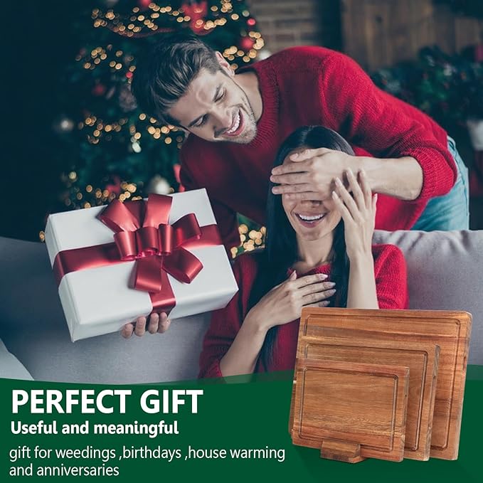 Acacia Wood Cutting Boards for Kitchen Set of 3, Chopping Board with Holder, with Deep Juice Groove Grip Handles, Charcuterie Boards, for Meat, Vegetables and Fruits and Cheese (Set A of 3)