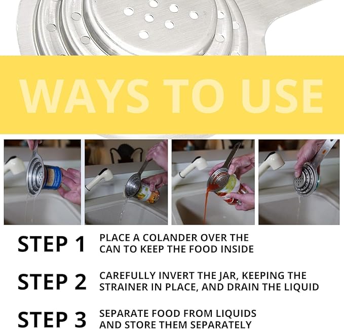 Multipurpose Universal Food Grade Stainless Steel Can Strainer – Can Colander Stainless Steel with Handle for Small and Large Cans Vegetable Fruit Tuna Can Colander Small