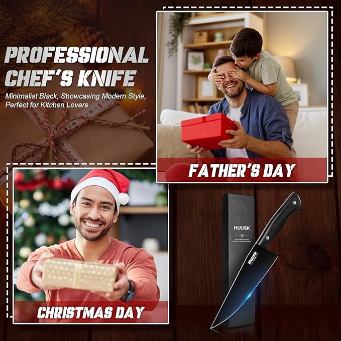 Huusk Japanese Chef Knife for Kitchen - 8in Stainless Kitchen Knife with Black Titanium Coating, All Purpose Cooking Knives for Vegetable & Meat Cutting, Ultra Sharp Gyuto Knives, Men's Christmas Gift