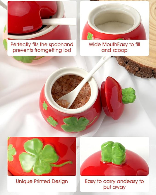 Ceramic Sugar Bowl Set of 2, Four-Leaf Clover Print Sugar and Salt Container with Lid and Spoon, Pink Red Decorative Spice Jar for Kitchen/Tea Time, Dishwasher Safe