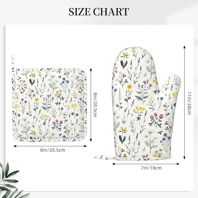 Meadow Wildflower Silicone Oven Mitts and Pot Holders Sets Boho Botanical Kitchen Mitts Floral and Herb Potholder Kitchen Accessories for Cooking Baking BBQ