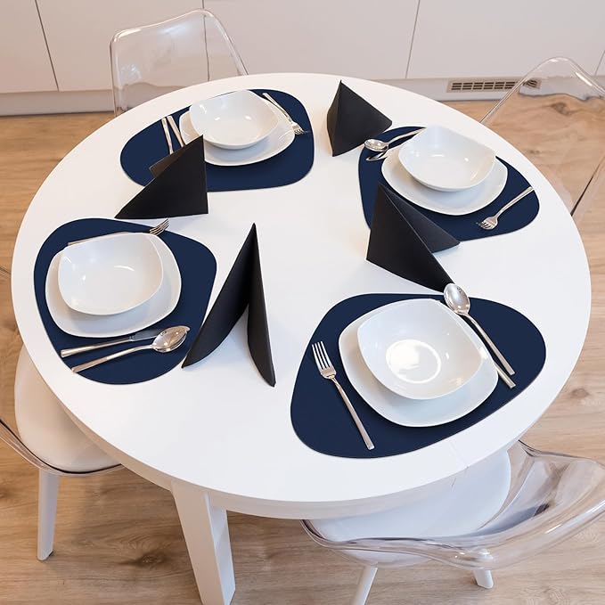 Placemats Set of 4, Heat Resistant Leather Placemats Double Layer, Soft Waterproof Round Table Mats Easy to Clean for Kitchen Dining Room Coffee Office Table, Blue