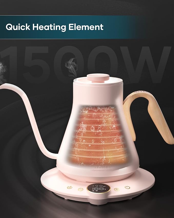 INTASTING Gooseneck Electric Kettle with ±1℉ Temperature Control for Pour Over Coffee & Tea, Quick Heating, BPA-Free Stainless Steel, Built-in Brew Timer, 1500W/0.9L (Petal Pink)