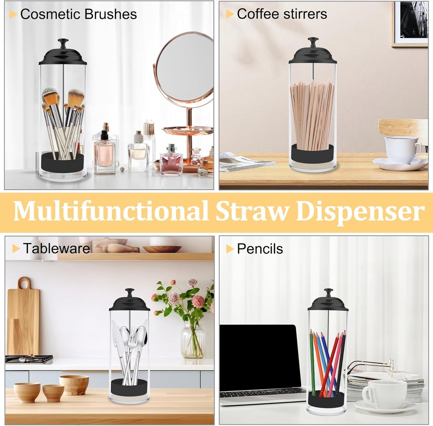 Straw Holder for Standard Size Drinking Straws, Acrylic Plastic Straw Dispenser for Counter with Lid Black - Pack of 2(Straws Not Include)
