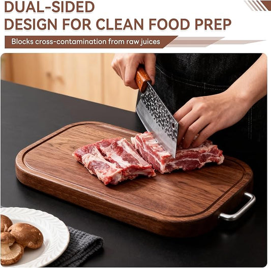 Pusgrew Natural Ebony Wood Cutting Board - 14.5"×9.5"×1" Solid Double-Sided Butcher Block with Deep Juice Groove & Non-Slip Feet, Food-Grade Chopping Board for Meat, Veggie, Fruit (Kitchen Essential)